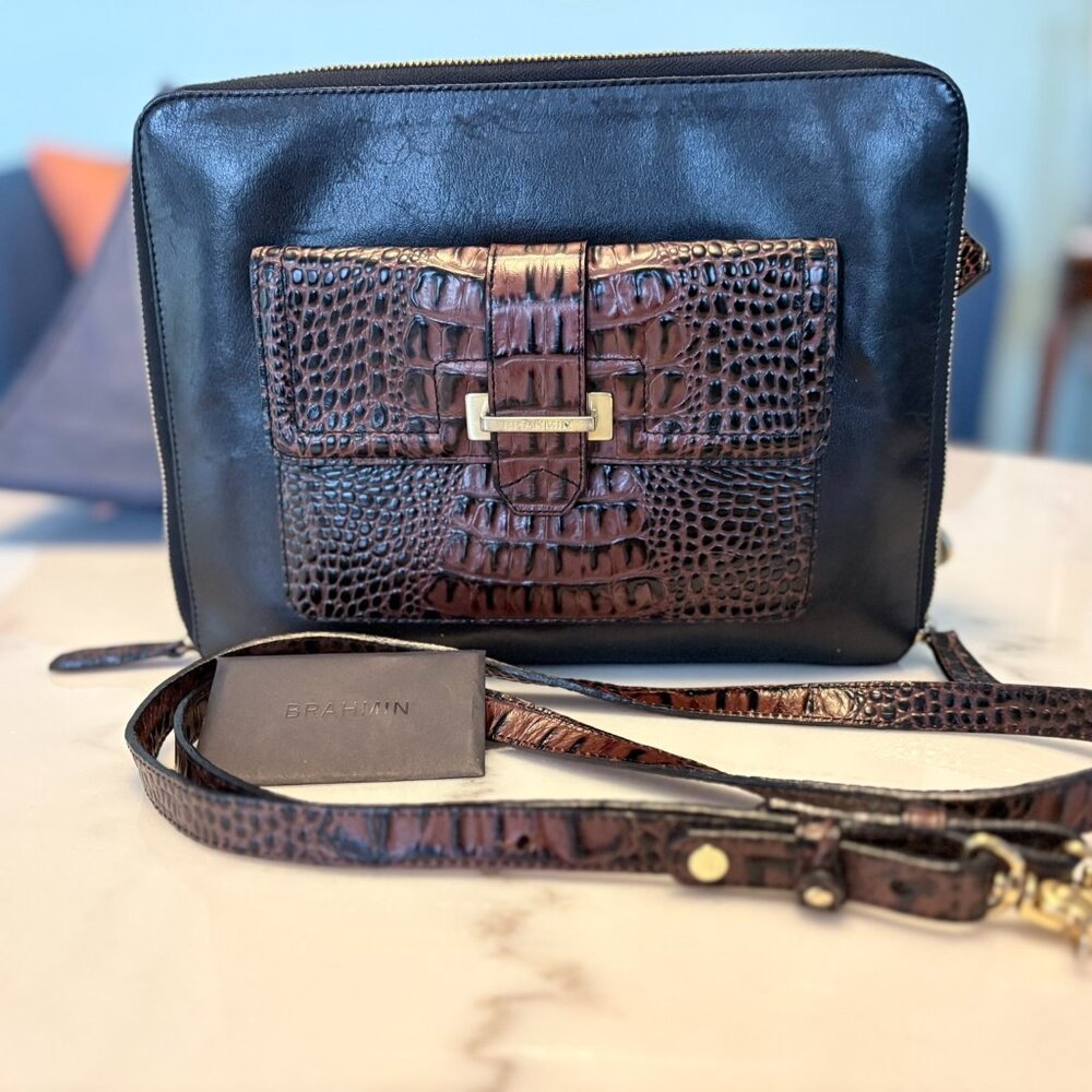Brahmin Theo Crossbody – Pecan & Black Melbourne Colorway